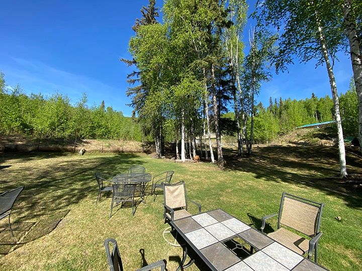 Outdoor seating in a wooded area
