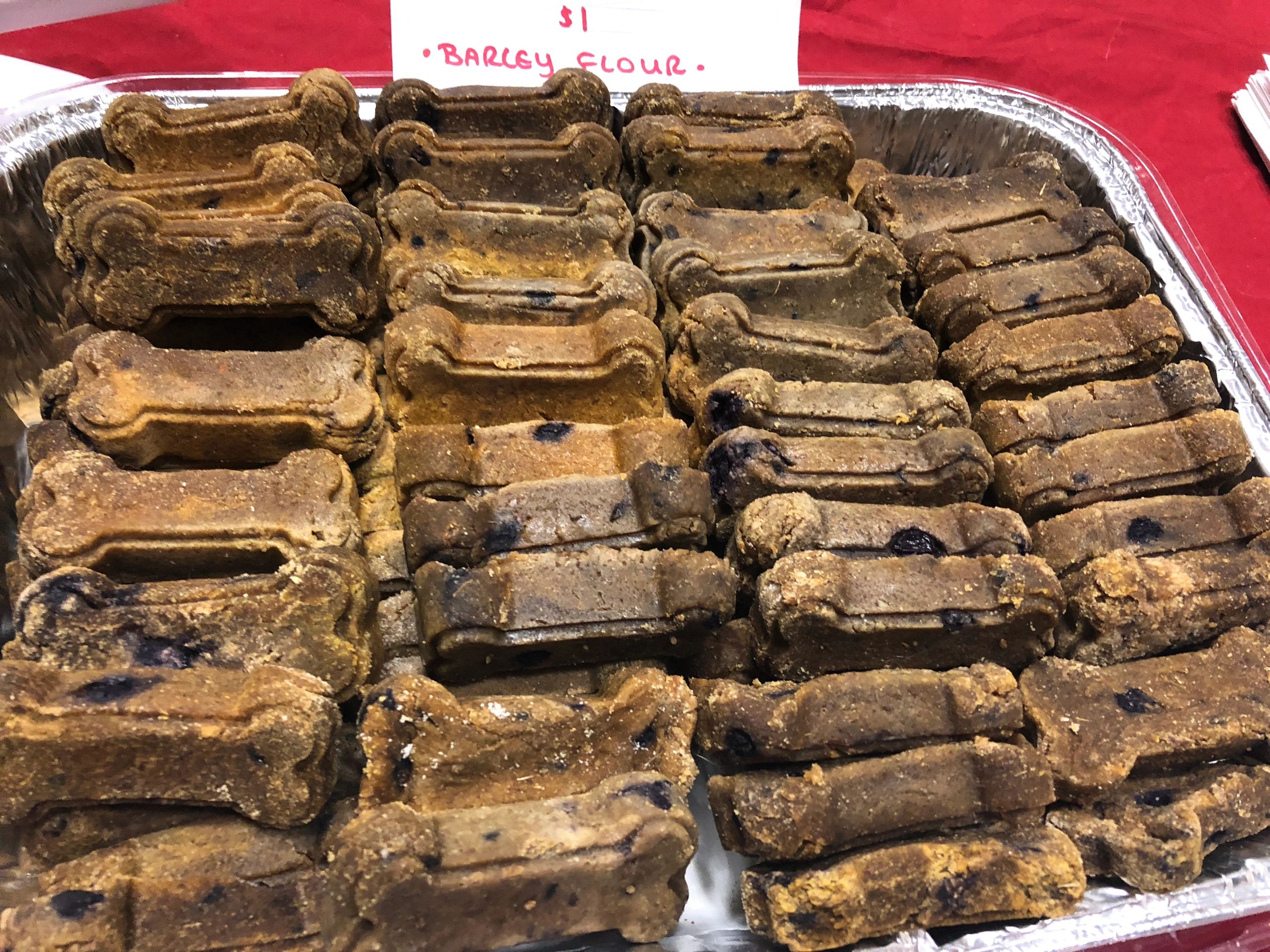 Freshly baked barley dog treats display