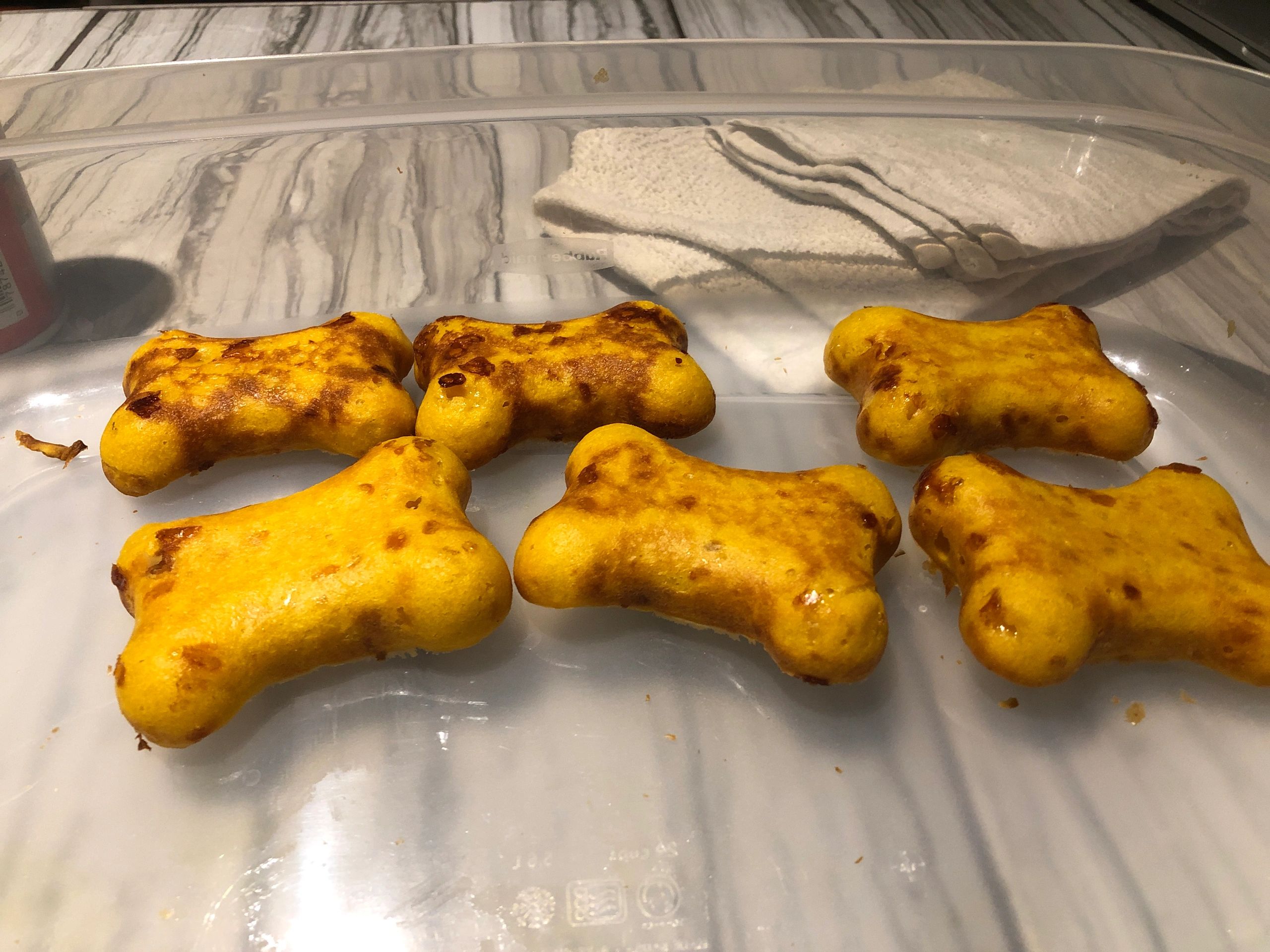 Homemade dog biscuits on clear tray