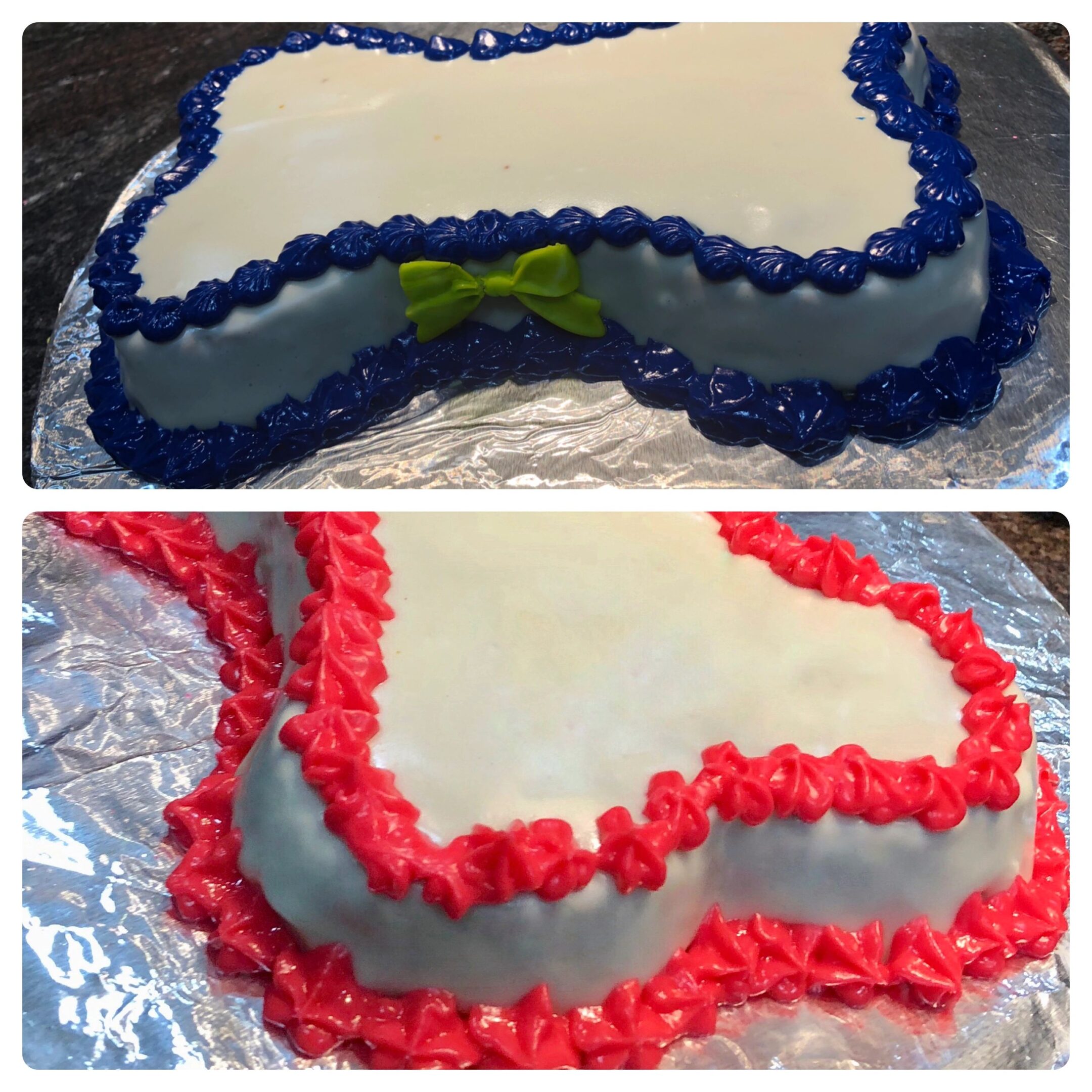 Dog bone cake with red icing