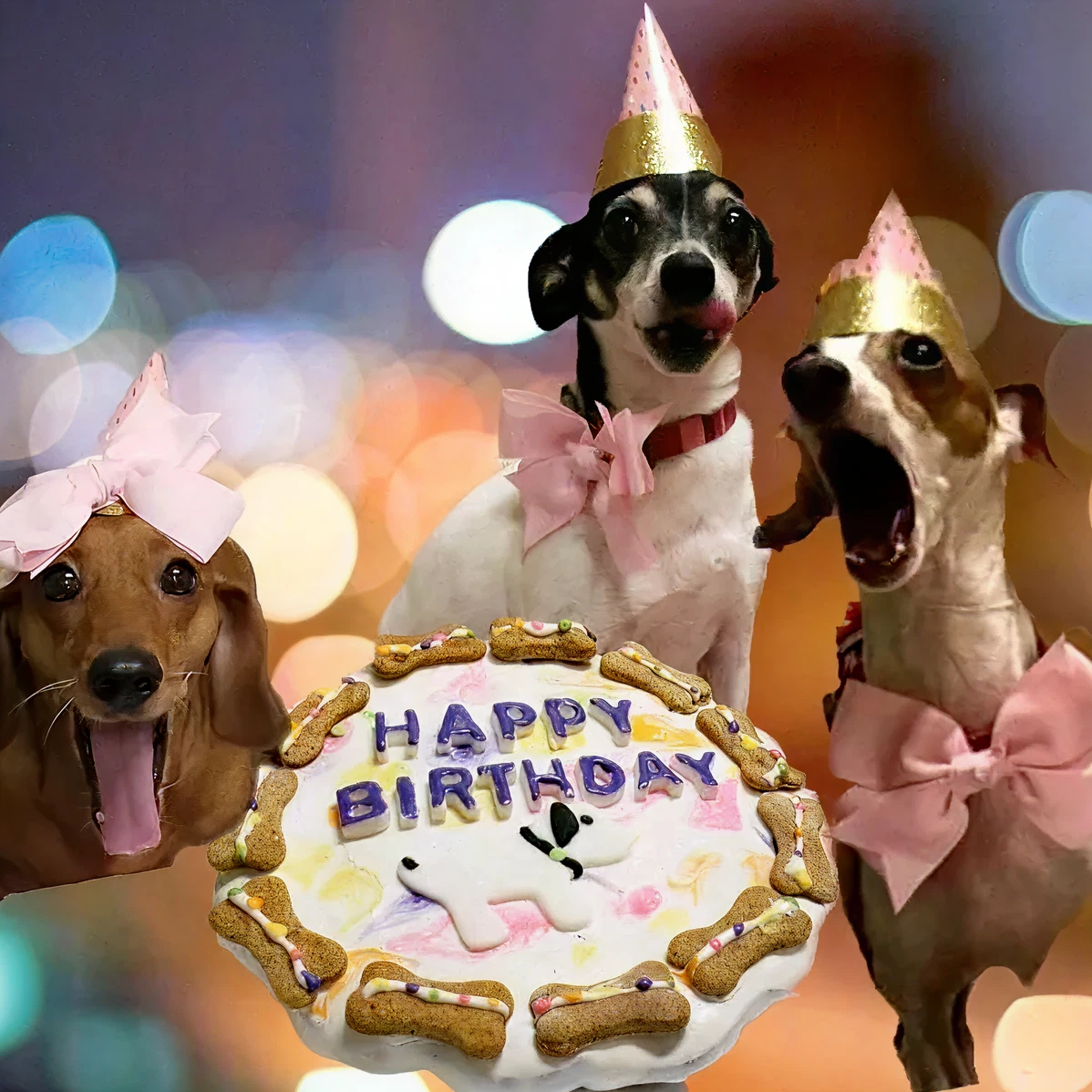 Three dogs celebrate a birthday with a cake and party hats.