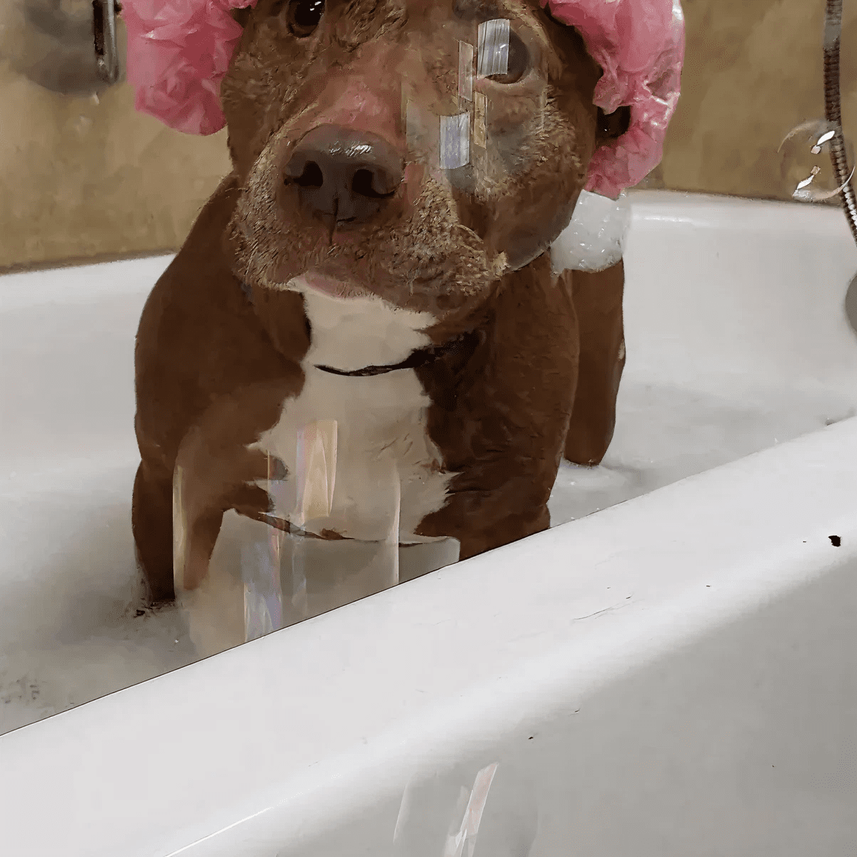 A dog in a bathtub with a pink shower cap and a cup.